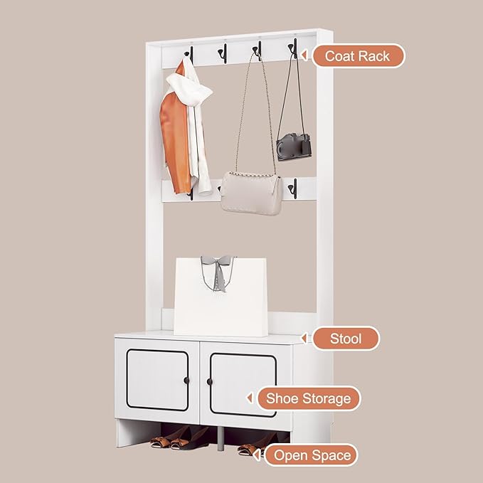 Modern Coat Rack Shoe Bench, 3 In 1 Multifunctional Entryway Organizer with Bench, Shoe Storage and Coat Rack, Entryway Organizer for Small Spaces(White,50cm/20in)