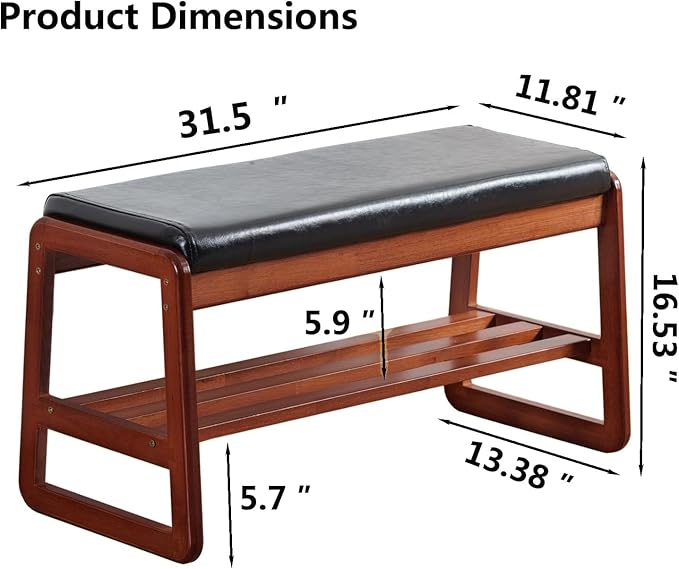 Solid Wood Shoe Bench, 2-Tier Wooden Entryway Bench, Modern Shoe Rack with Faux Leather Cushion for Hallway, Living Room (Black, 31.5'')