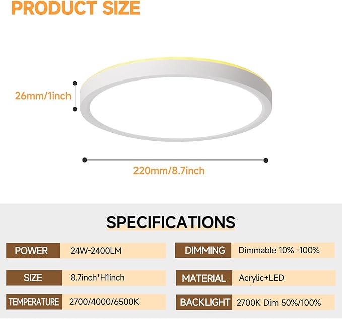 4 Pack Flush Mount Ceiling Light Fixture Dimmable LED Ceiling Lights White 8.7 Inch 24W 2400LM 3CCT Color Adjustable Led Ceiling Light fixtures with Remote Control, Night Lights