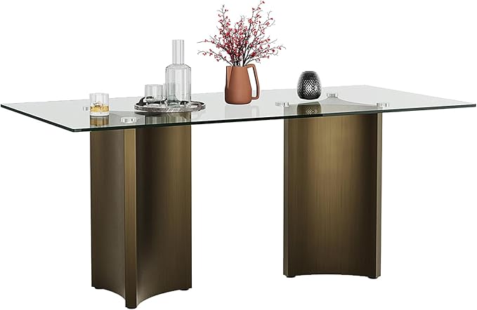 Asday 70 Inch Glass Dining Table with Bronze Base, Rectangular Dining Table for 6 People, Modern Brass Dining Room Table for Kitchen
