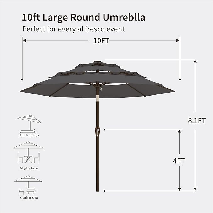 Kingdura 10ft 3-Tier Patio Umbrella, Outdoor Table Umbrella with Easy Crank & Tilt, 8 Reinforced Ribs, UV Protection for Deck, Pool, Market, Backyard (Grey)