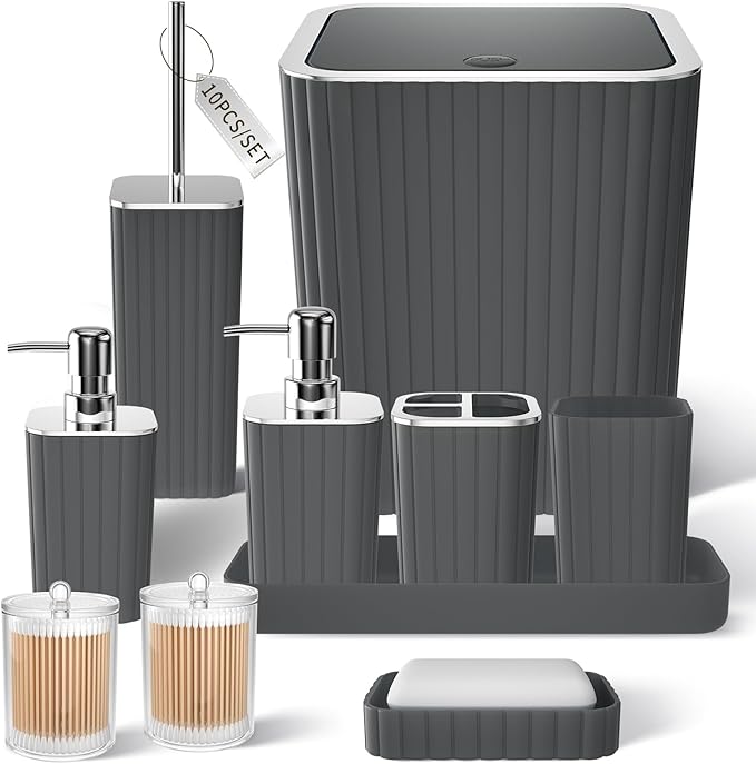 XLHOMO Bathroom Accessories Set - Gorgeous Grey Bathroom Set, 10PC Bathroom Accessory Set, Gray Bathroom Accessories Set, Trash Can, Qtip Holder Dispenser & Soap Dispenser