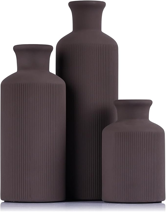 Brown Ceramic Vases Set - 3 Brown Small Vase, Farmhouse Country Vases Home Decor, Living Room Decoration, Table Decoration, Fireplace Decor, and Entrance Decorations Centerpieces