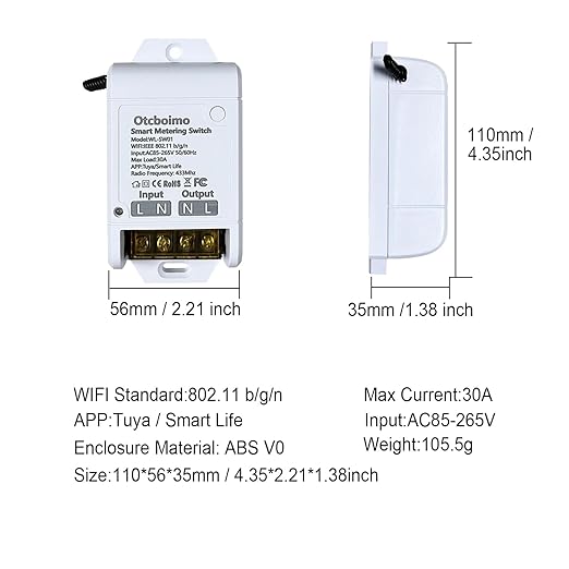 30A Hight Power WiFi Wireless Smart Switch with Energy Monitoring, DIY Switch for Smart Home Automation, Tuya APP Remote Control, Timer, Compatible with Alexa & Google Home