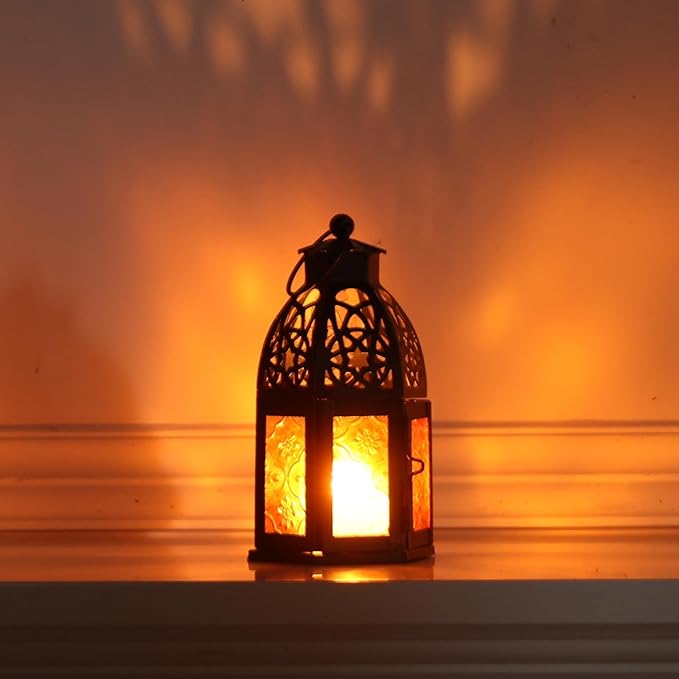 NEEDOMO Set of 4 Moroccan Candle Lantern, 9" Ramadan Lanterns Decorative Indoor Outdoor, Vintage Candle Holder for Chritsmas, Halloween, Table, Patio, Porch, Shelf, Ramadan Decorations (Amber)