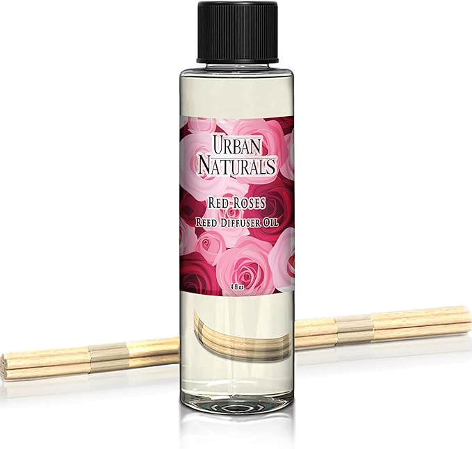 Urban Naturals Red Roses Reed Diffuser Oil Refill & Bamboo Reed Sticks | Beautiful Floral Scent of Fresh Cut Roses | Made in The USA