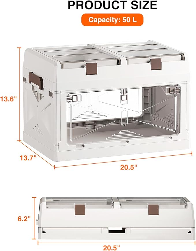 Closet Organizer and Storage Box, Large Essential Collapsible Plastic Car Trunk Container with Clear Lids and Doors, Open Front Multifunctional Stackable Bin for Bedroom, Dorm Room, Craft 50 L