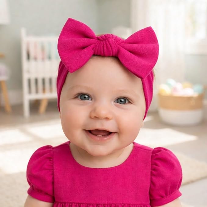 Baby Girl Headbands 0–6 Months – Newborn Infant Soft Cotton Handmade Bow Headband, Stretchy No Mark Baby Hair Accessories (Fuchsia Pink, 0-6 Month)