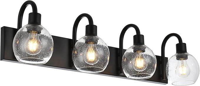 4-Lights Bathroom Vanity Light Fixtures with Seeded Glass Lampshades Black Industrial Wall Lighting for Over Mirror