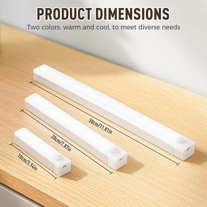 Punch-Free Smart Sensor Magnetic Rechargeable LED Lights, 2026 Upgraded Lntelligent Motion Sensor Light Strip, 3 Colors-Dimmable, Under Cabinet Lighting Wireless (4, White Light, 20cm/7.8in)