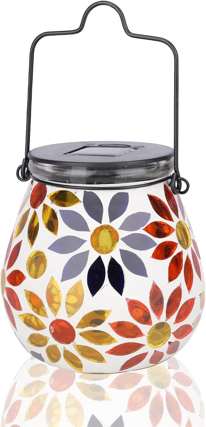 Afirst Mosaic Solar Lanterns Outdoor - Glass Hanging Solar Lights Hollow Out Waterproof Table Lamp Outdoor Decorative for Garden, Patio, Holiday Party Outdoor Decoration