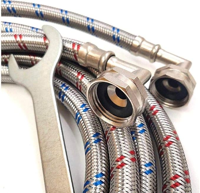 Washing Machine Hoses (8 FT) - Double 90° Elbow to Fit Tight Spaces - OCTAGON Connections for Easy & Secure Tightening - Burst Proof Water Supply Line (2 Pack) - Universal Fit to All Wash Machines