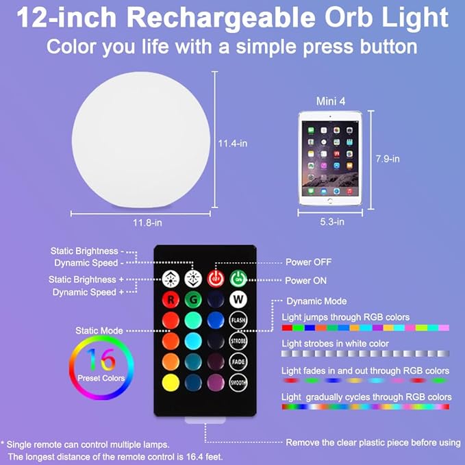 12-in LED Globe Orb Lamp, Dimmable RGB Color Changing Glowing Orb Lights Rechargeable Glowing LED Ball Light w/Remote, Waterproof Outdoor Globe Light Soothing Mood Lamp for Bedroom Garden Patio Decor