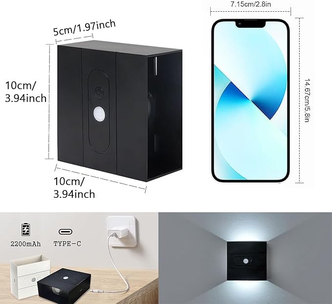 Wall Lights with Motion Sensor Indoor LED Modern Wall Lamp Brightness Adjustable Wall Sconce Recargables USB Con Batería Lighting Fixtures for Living Room Bedroom Corridor (White Light,White)