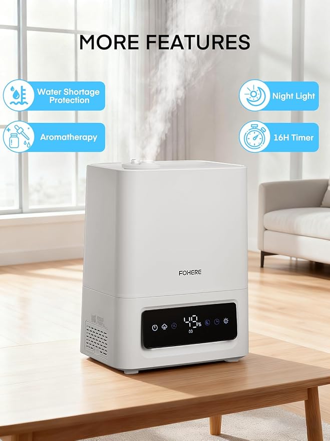 FOHERE 6L Humidifiers for Bedroom, 60H Cool Mist Humidifier for Large Room, 28dB Ultra-Quiet Runtime for Baby, Indoor, Plants, Smart Humidity Sensor, 16H Timer, Night Light, Oil Diffuser, White