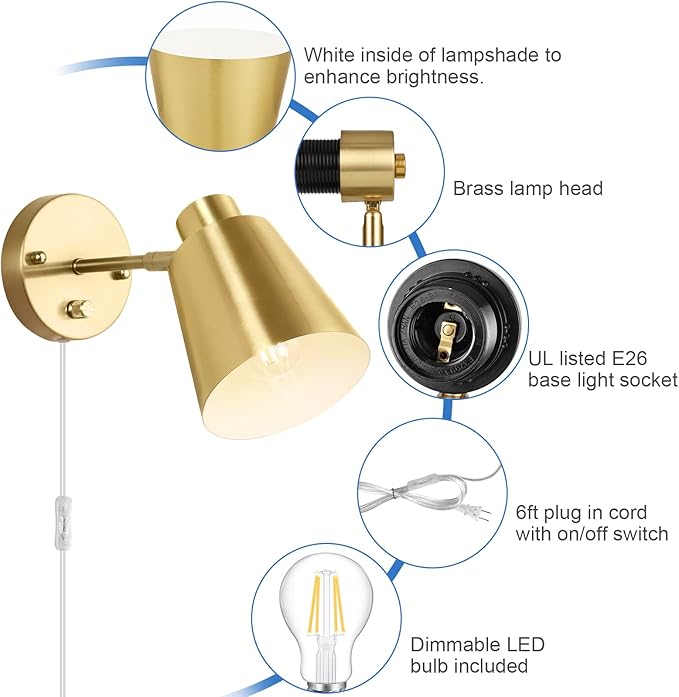 VATONI Dimmable Wall Sconce, Plug in Wall Sconce Adjustable Angle Wall Lights with Plug in Cord and Dimmer On/Off knob Switch, Gold Wall Mounted Light for Bedside Bedroom Doorway(1 Pack, 1 Bulb)