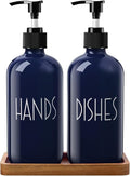 Navy Blue Dish Soap Dispenser for Kitchen - 16 OZ Hand Soap Dispenser Set with Acacia Wood Tray - Blue Kitchen Bathroom Home Decor and Accessories