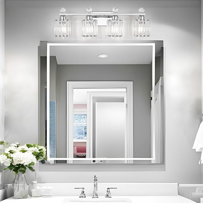 Lxybcce Bathroom Vanity Lights Over Mirror - Easy Installation with Clear Guide, 4-Light Shadow-Free Design, Chrome Crystal Finish - for Modern Home Bathroom Lighting Fixtures in DIY Projects