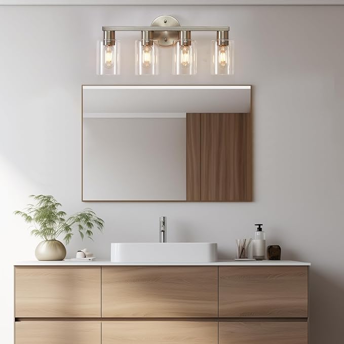 4 Light Bathroom Vanity Light, Brushed Nickel 4-Light Bathroom Light Fixtures, Vanity Lights for Make-Up Mirror, Modern Lighting Fixtures with Clear Glass Shade for Bedroom Living Room