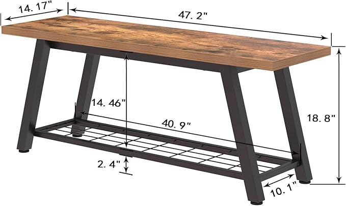Storage Bench Industrial Rustic Wooden and Metal Entryway Shoe Boots Storage Rack Long Bench Seat for Hallway Bedroom Retro Brown Farmhouse Style