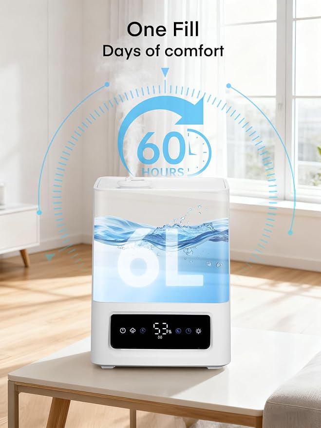 FOHERE 6L Humidifiers for Bedroom, 60H Cool Mist Humidifier for Large Room, 28dB Ultra-Quiet Runtime for Baby, Indoor, Plants, Smart Humidity Sensor, 16H Timer, Night Light, Oil Diffuser, White