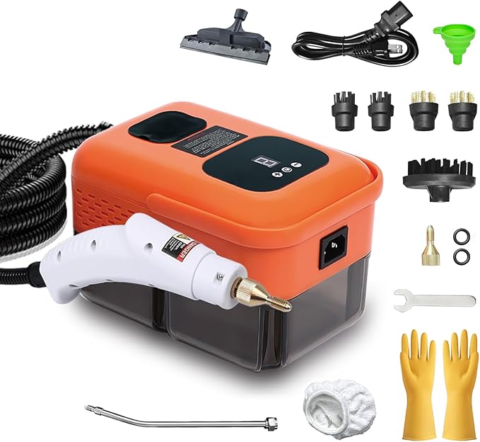 Heavy Duty Handheld Steam Cleaner, 15s Heat-Up, 9-Level Adjustable 2500W Pressurized Steamer for Cleaning with 14 Accessories, Multipurpose Portable Steam Cleanr for Home, Car, Grease, Grout（Orange）