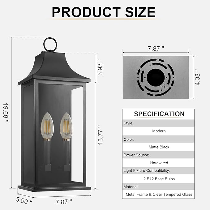Dusk to Dawn Outdoor Lighting, Black Exterior Lighting Fixtures, 20.6’’ Outdoor Wall Sconce, IP65 Waterproof, Weather-Resistant, Outside Lights for House, Porch, Garage – E12 Bulbs Not Included