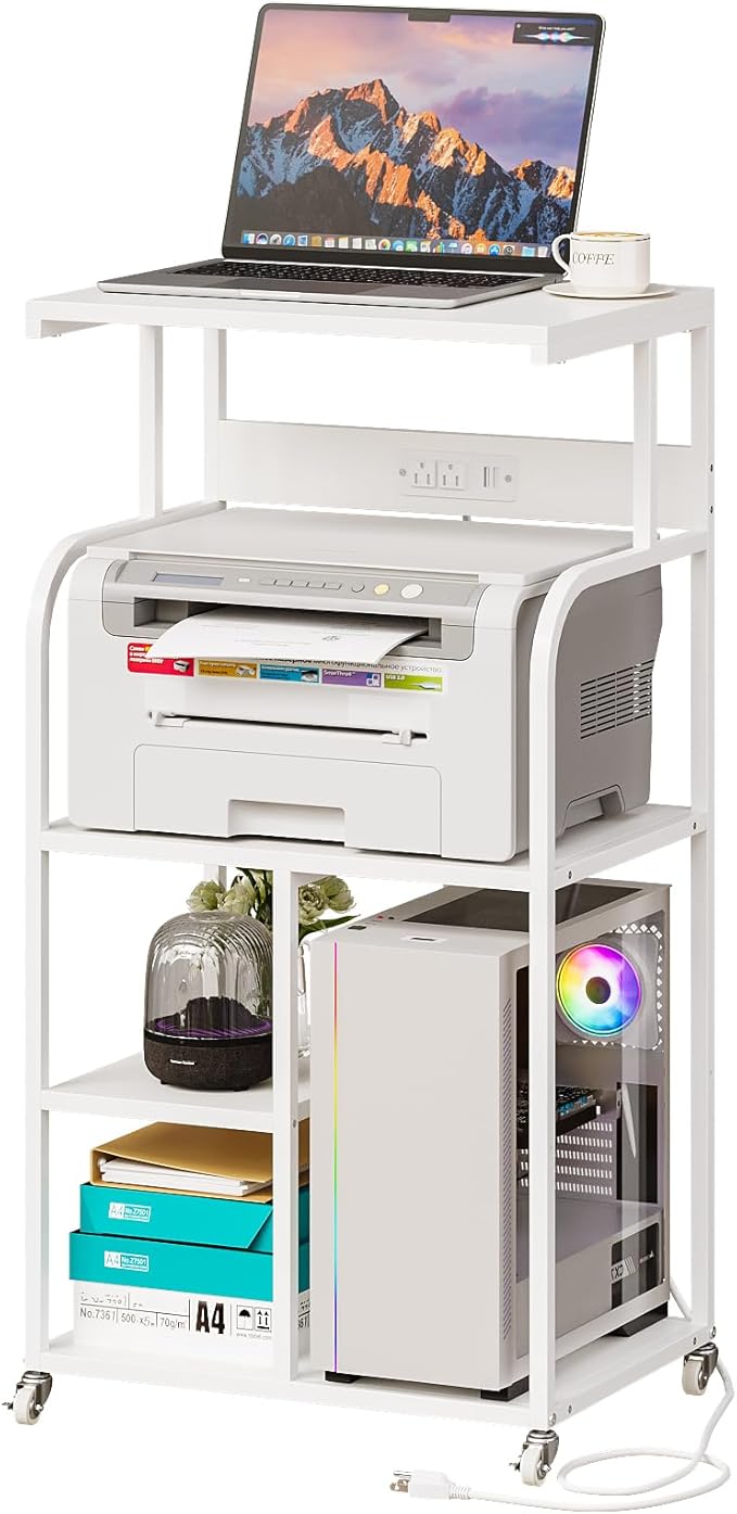 VEDECASA Mobile High Printer Stand with Power Outlet Charging Plugs USB Port Office Storage Shelf Includes Computer Tower CPU Stand Holder with Wheel (White)
