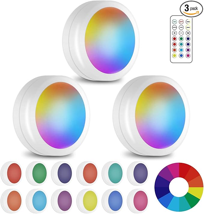 LED Puck Lights with Wireless Remote, 13 Colors RGB Dimmable Under Cabinet Lights, Battery Powered Color Changing Lights, Party Atmosphere Light for Kitchen Closet Counter, 3 Pack