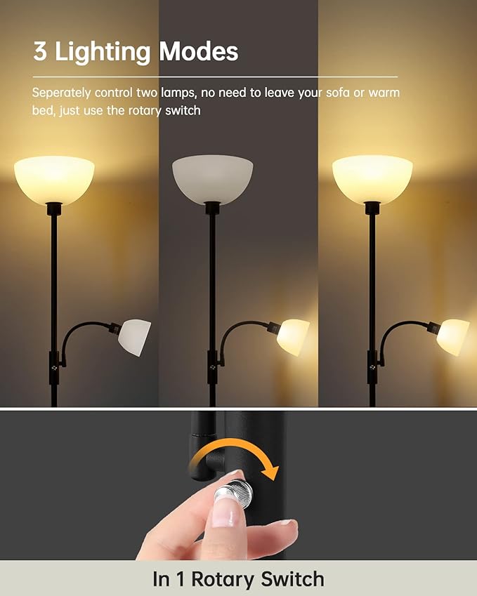 Floor Lamps for Living Room Black, 71" Tall Pole Bedroom Light, Bright Floor Lamp with Adjustable Reading Light, Simple Standing Lamp, White Plastic Lampshade, 3-Way Rotary Switch, Modern Mid-Century