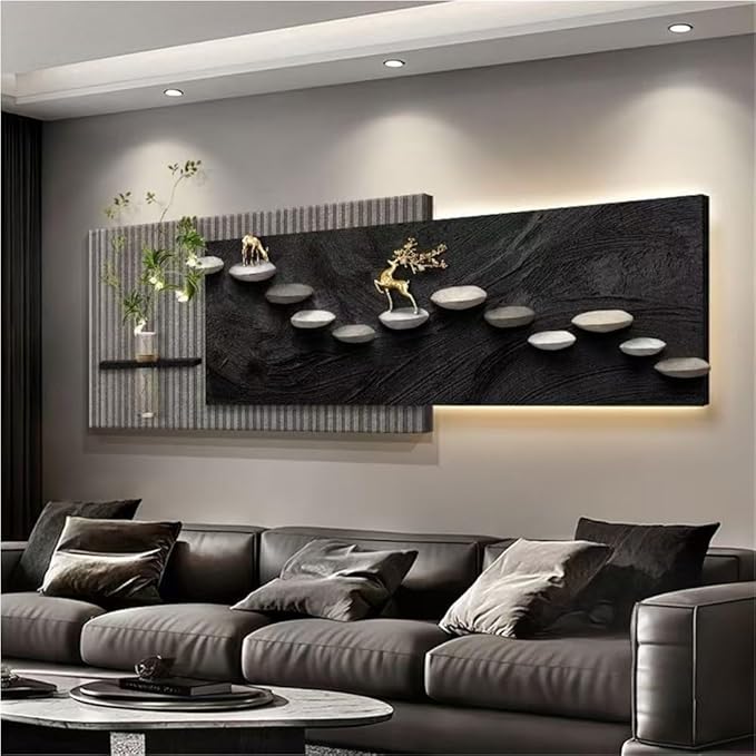 3D Sandstone Texture LED Wall Art with Vase, Plug-in Auspicious Modern Meditation Wall Hanging Sculpture, Minimalism Artwork Decor for Living Room Bedroom Meditation Space(C,120x40cm)