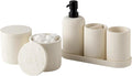 Bathroom Accessories Set, Travertine Stone-Look, 6 PCS Bathroom Accessory Set with Soap Dispenser, Toothbrush Holder, Tumbler, Vanity Tray, Cotton Swab Jars for Countertop (Off White 6 PCS)