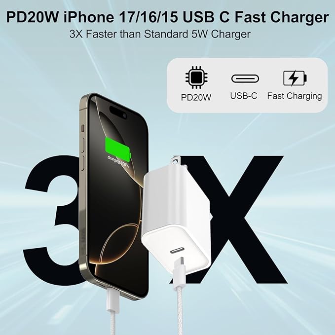 iPhone 17 16 15 Charger Fast Charging 20W Type C Charger Fast Charging with 6FT USB C Woven Cord for iPhone 17/17 Pro/17 Pro Max/17 Air/16/16e/16 Plus/16 Pro/16 Pro Max/15/15 Pro Max/iPad Pro/Air Pods