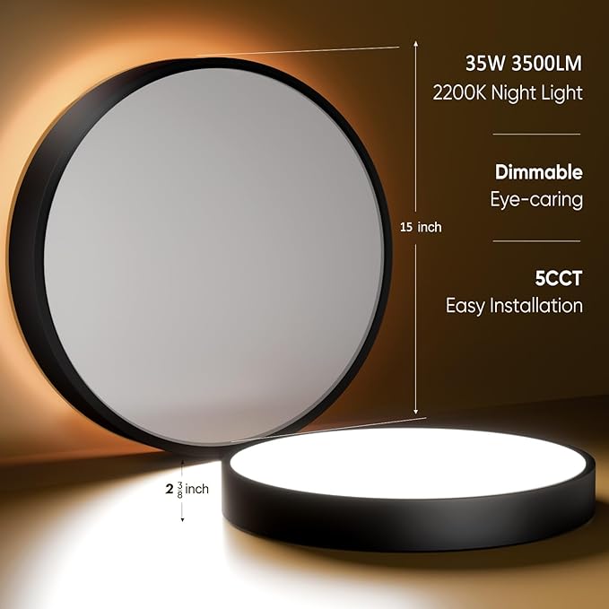 15 Inch Flush Mount Ceiling Light with Remote Control & Night Light, 5CCT Dimmable Ceiling Light Fixture, 35W 3500LM 2700K-6500K Adjustable LED Ceiling Lights for Bedroom Kitchen, Black