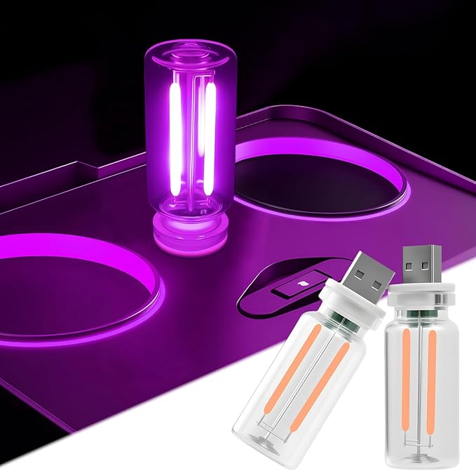 2 PCS Car USB Night Light Bulb, Touch Dimmable Car Interior Ambient Lights, Portable Mini USB Retro Glass Bottle Lamp Decorations for Vehicle, Bedroom, Hallway, Camping (Purple)