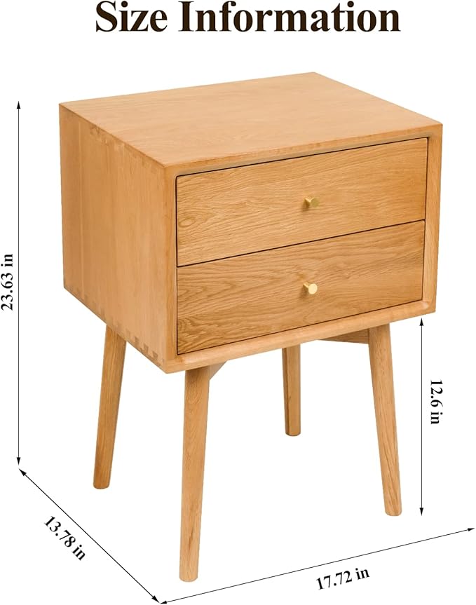 Night Stand, Midcentury Modern Solid Wood Nightstand with Drawer, Durable Sturdy Tall Bedside Tables with High Stool Leg, 17.72 W x 13.78 D x 23.63 H Inches (Natural)