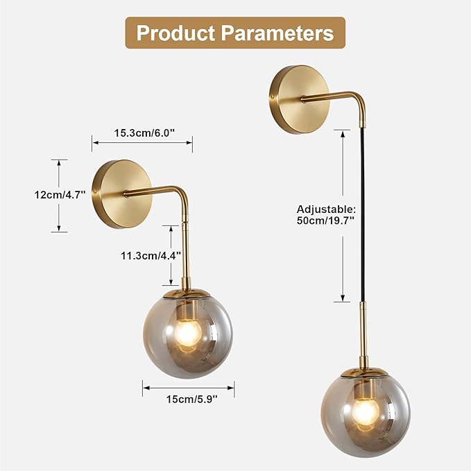 KCO Lighting Modern Glass Globe Wall Sconce Minimalist Gold Wall Mounted Sconce Light with Smoke Grey Lampshade Round Wall Lamp for Bathroom Mirror Bedroom (Smoke Grey-2PC)