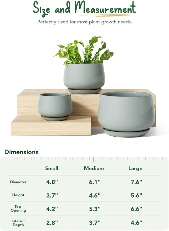 LE TAUCI Plant Pots for Indoor Plants, 4.1+5.1+6.5 inch, Set of 3, Ceramic Planters with Drainage Hole and Saucer, Indoor Flower Pot with Hole Mesh Pad, Gifts for Mom, Reactive Glaze Blue Gray