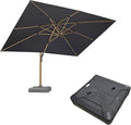 PURPLE LEAF 10‘ x 13’ Rectangle Patio Cantilever Umbrella With Base Large Hanging Umbrella Teak Finished Aluminum Frame Windproof Offset Outdoor Sun Umbrellas for Beach Pool Deck, Grey
