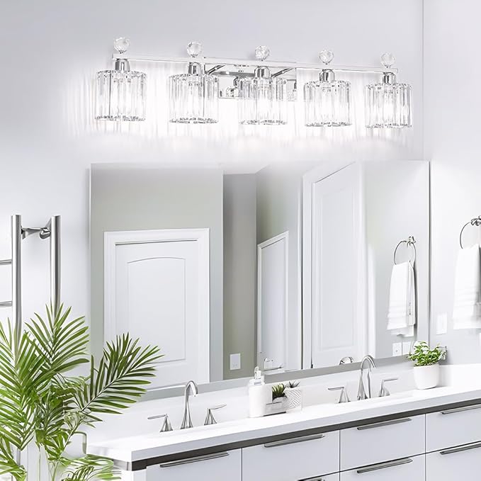 Lxybcce 5 Light Bathroom Vanity Light, Modern Crystal Bathroom Ligth Fixture, Chrome Vanity Lights, Light Fixtures Above Mirror, Wall Lamp for Mirror Living Room Cabinet Bedroom Porch