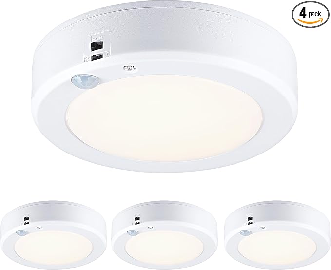 LIT-PaTH Battery Operated Motion Sensor LED Ceiling Light, 3000K 6.1inch 140 Lumens Battery Powered Wireless Motion Ceiling Light for Hallway Laundry Stair Pantry,4-Pack (Battery Not Included)