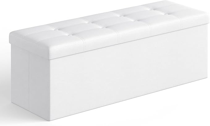 SONGMICS MAZIE Collection - 43 Inches Folding Storage Ottoman Bench, Ottoman with Storage, Foot Rest Stool, Load 660 lb, for Living Room, Synthetic Leather, White ULSF702