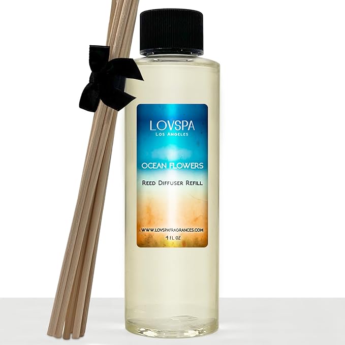 LOVSPA Ocean Flowers Diffuser Oil - Luxury Essential Oils for Diffuser Refill & Air Freshener Room Spray - Long-Lasting & Natural Home Fragrance, Scented Oil for Diffusers, USA Made, 4oz