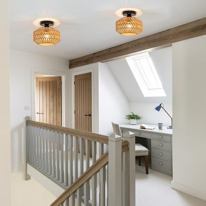 Mini Rattan Boho Ceiling Light Fixture, Small Woven Semi Flush Mount Ceiling Light, Wicker Light Fixture Hallway,Laundry Room, Closet,Nursery E26 1 Light