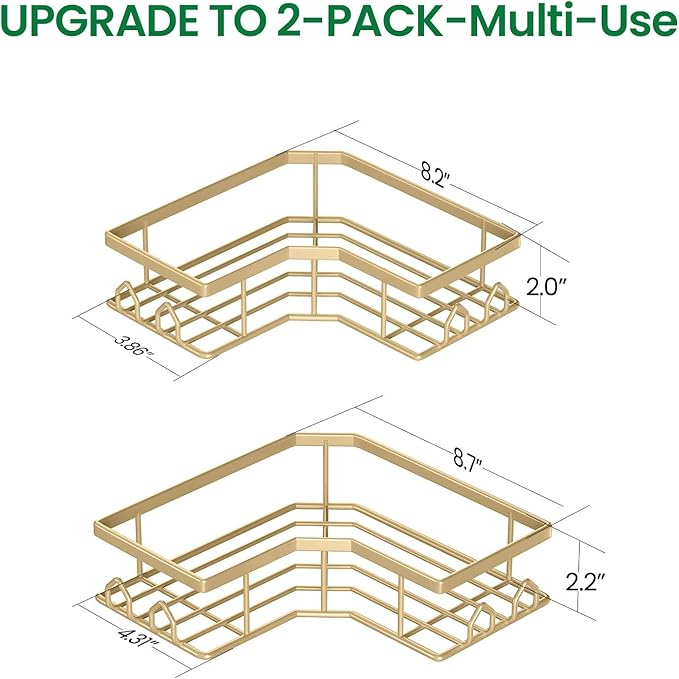 Adhesive Shower Caddy, 2 Pack Corner Bath Organizer, Rustproof Stainless Steel Shower Shelves with Large Capacity, No Drilling Shelves for Bathroom Storage, Home, Kitchen Decor (Gold).
