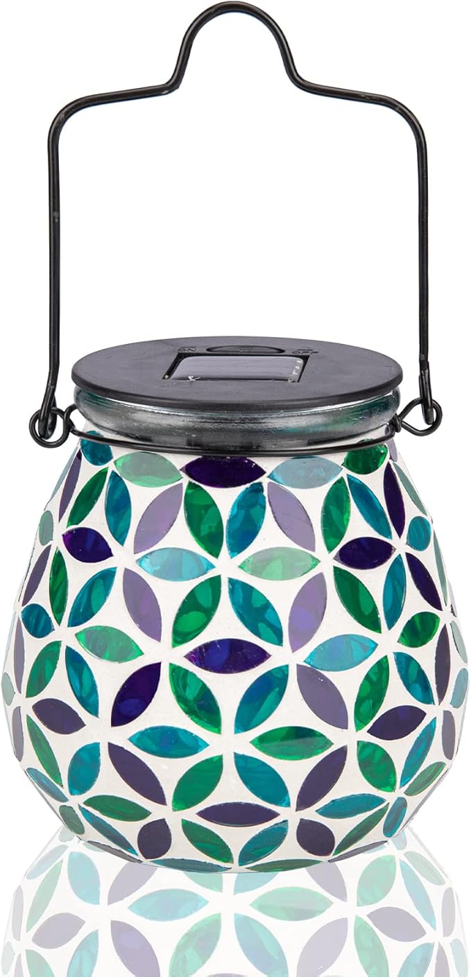Afirst Mosaic Solar Lanterns Outdoor - Glass Hanging Solar Lights Hollow Out Waterproof Table Lamp Outdoor Decorative for Garden, Patio, Holiday Party Outdoor Decoration