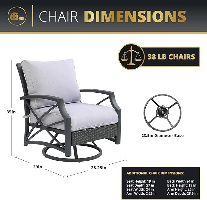 Ethan Rattan 5-Piece Patio Furniture Set with Fire Pit Table, 42-Inch Fire Outdoor Propane Pit Dining Table Conversation Set, 50,000 BTU, Includes 4 Sofa Swivel Chairs (Grey Grey)