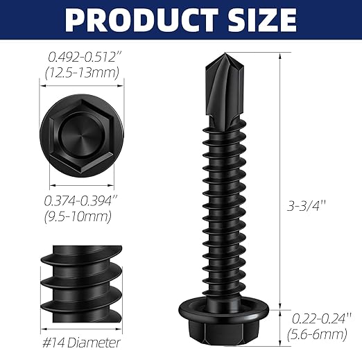 MewuDecor #14 x 3-3/4" (3/4" to 4" Available) Hex Washer Head Self Drilling Sheet Metal Screws with Drill Point, Stainless Steel 410, Black Oxide, 25 PCS