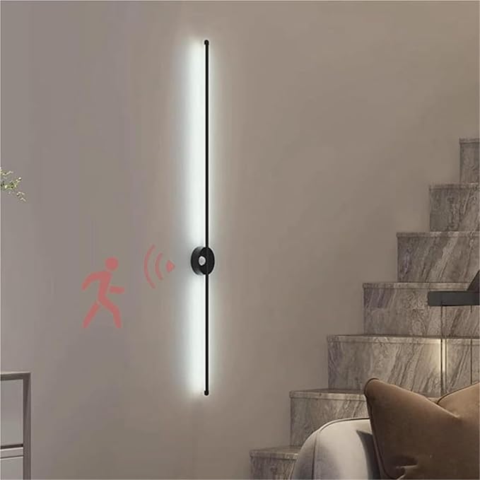 LED Long Strip Wall Lights with Motion Sensor Wall Lamp 3000K/4000K/6000K Wall Modern Simple Aluminum Mounted Indoor Bedside Decoration Light Living Room(Black White Light,60cm)