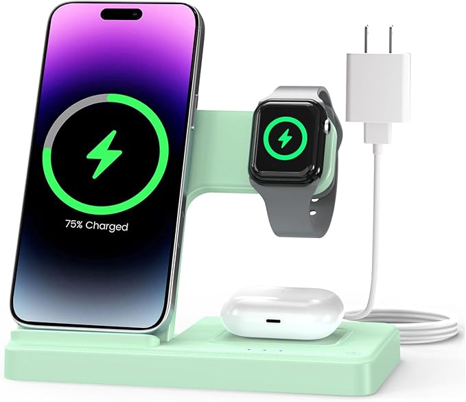 Wireless Charger Stand Charging Station: 3 in 1 Charger Multiple Devices for Apple iPhone 17 16e 16 15 14 Pro Max 13 12 11 for Watch 11 10 9 8 7 6 5 4 3 2 SE and Ultra & Airpods Series, Light Green
